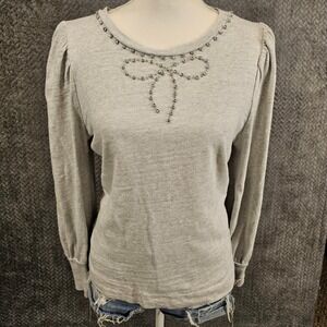 LOFT Womens Light Gray Cotton Rhinestone Bow Puff Sleeve Sweatshirt Small S